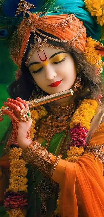 Traditional flute player in vibrant attire with floral accessories.