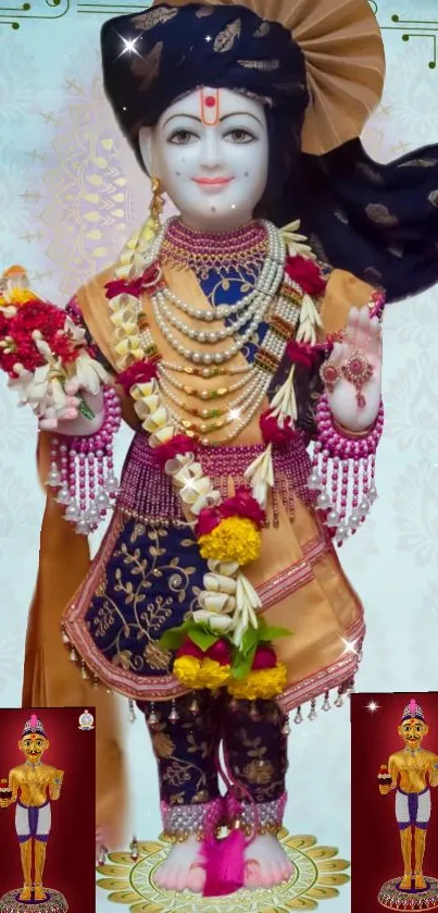 Mobile wallpaper featuring an elegantly adorned Krishna statue.