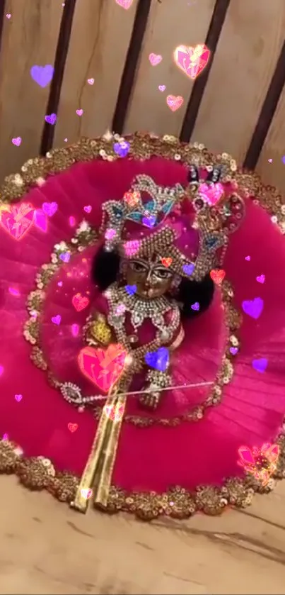 Krishna idol with pink and gold ensemble on vibrant mobile wallpaper.