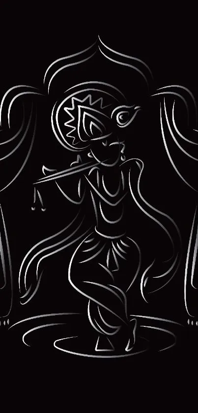 Black silhouette of Krishna playing flute with elegant curves.