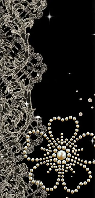 Elegant phone wallpaper with lace and pearl details.