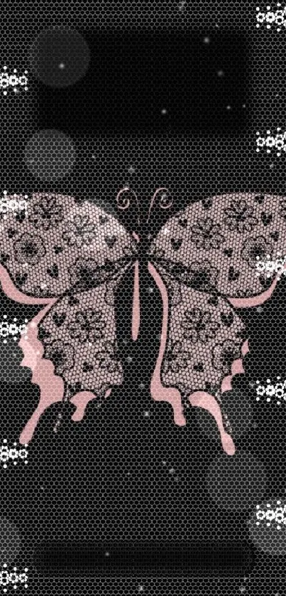 Elegant lace butterfly wallpaper with floral details on black background.