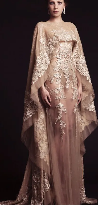 Elegant nude lace evening gown on dark background.