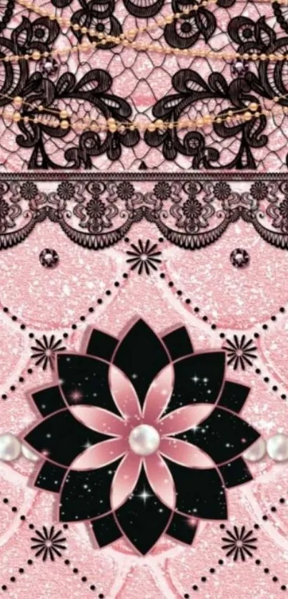 Elegant pink wallpaper with lace and floral design.