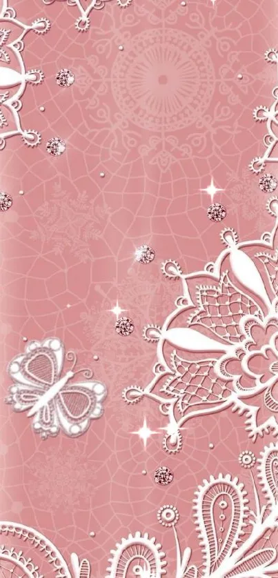 Soft pink wallpaper with white floral lace and butterfly designs.