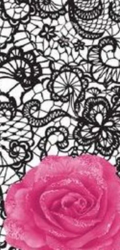 Intricate black lace with pink rose wallpaper.