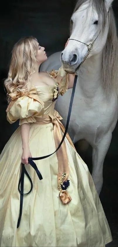 Elegant woman in gown with white horse.