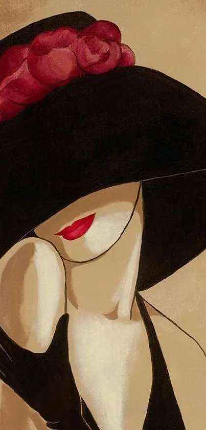 Elegant woman with black hat and red lips in artistic wallpaper.