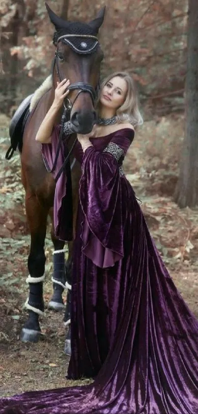 Lady in purple gown with horse in forest, elegant mobile wallpaper.