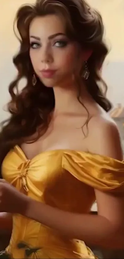 Elegant lady in a golden dress, holding a rose.