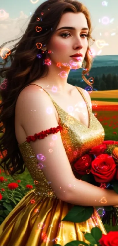 Woman in gold dress holding red roses in a field of red flowers.