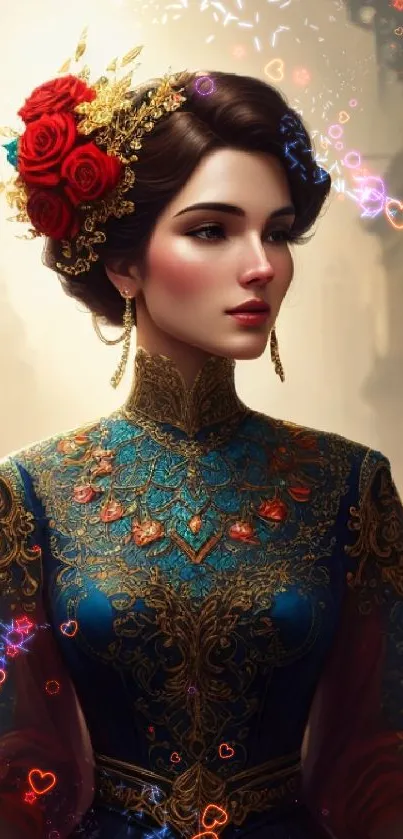 Elegant lady in an ornate, vintage dress with a floral hair accessory.