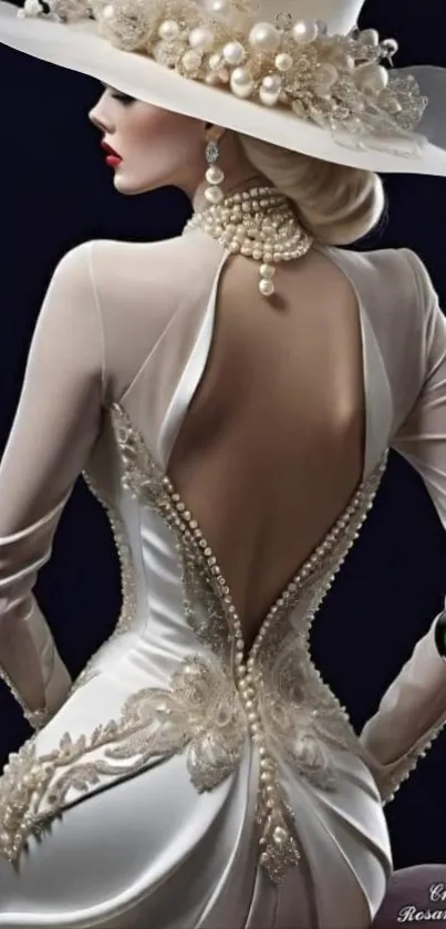 Elegant woman in pearl-adorned dress with wide-brimmed hat, back view.