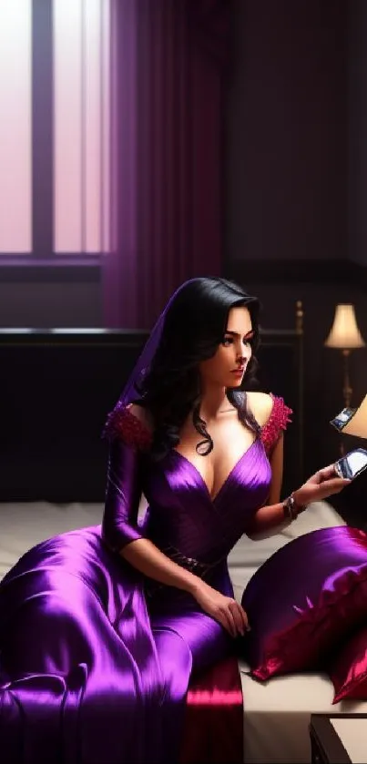 Elegant lady in purple gown in a softly lit room.