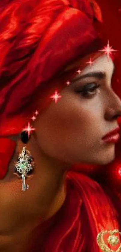 Elegant lady in red with stars and jewelry on a mystical background.