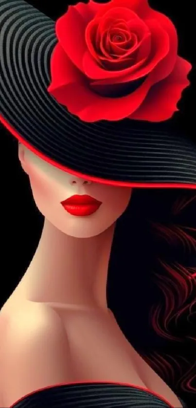 Chic woman in red-trimmed hat with rose.