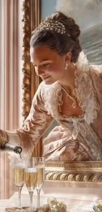 Elegant woman in vintage attire pouring champagne.