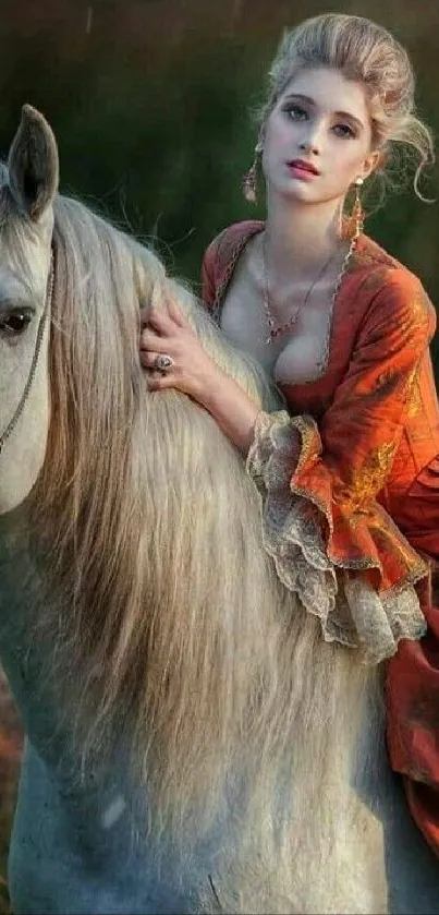 Elegant woman in vintage attire on a gray horse, set against a natural backdrop.