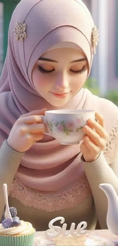 Elegant lady sipping tea peacefully