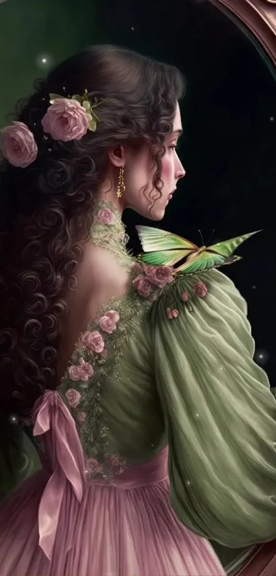 Elegant lady with curly hair, adorned with a butterfly and pink roses.