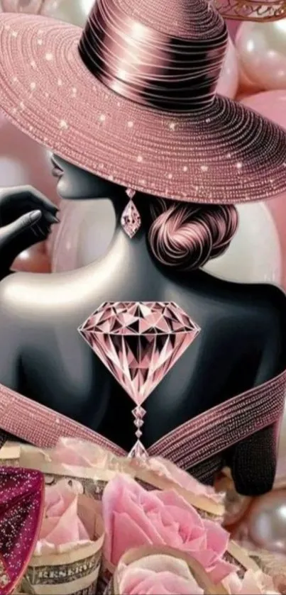 Elegant woman with diamond tattoo and pink hat.