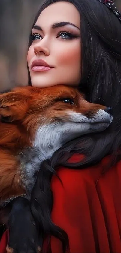 Lady in red cloak hugging a fox with serene expression.