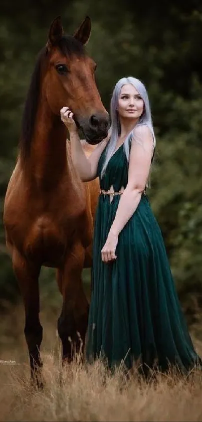 Elegant woman in green dress with horse in nature.