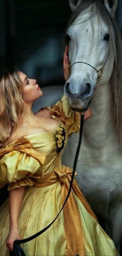 Elegant lady in golden dress with white horse.