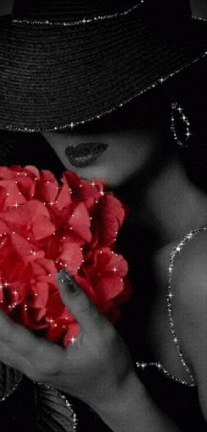 Mysterious lady with red flowers and black hat wallpaper.