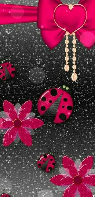 Wallpaper with pink ladybugs and flowers on a glittery background.