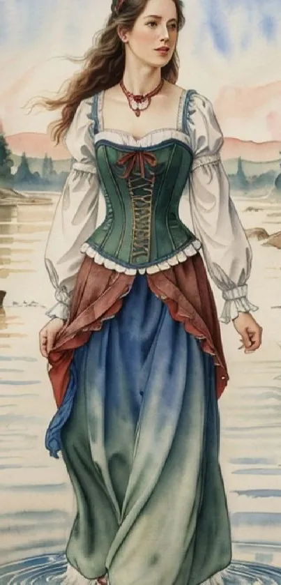 Woman in traditional dress by a lake with serene natural background.