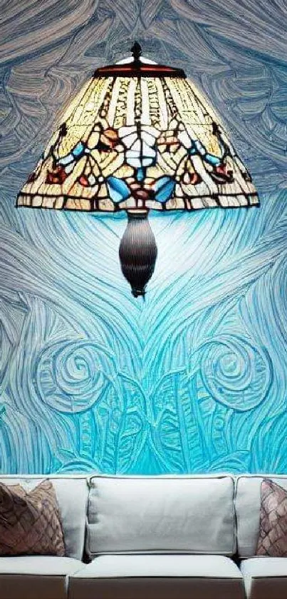 Vintage stained glass lamp on textured blue wallpaper.