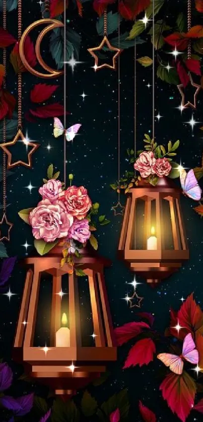 Elegant lanterns with flowers and butterflies on a dark teal background.