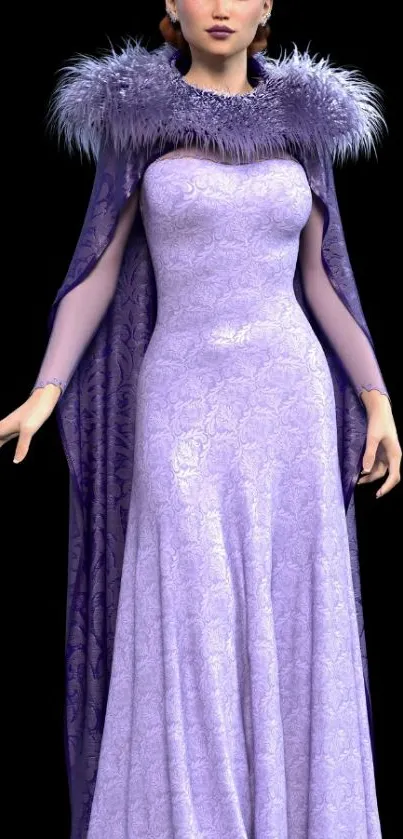 Elegant character in lavender gown with feather collar.