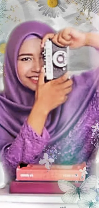 Woman in purple hijab with vintage camera and floral design.