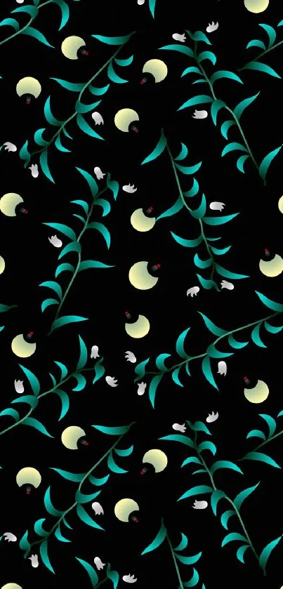 Seamless pattern with teal leaves and yellow moons on a black background.