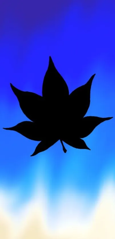 Bold black leaf silhouette on blue gradient wallpaper.