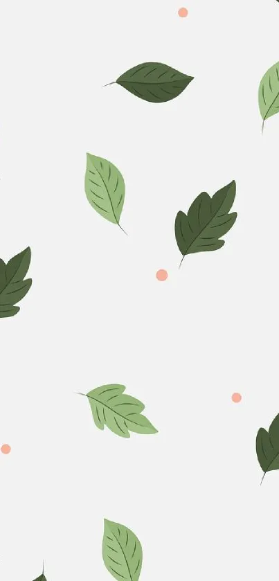 Mobile wallpaper with green leaves on a light gray background.