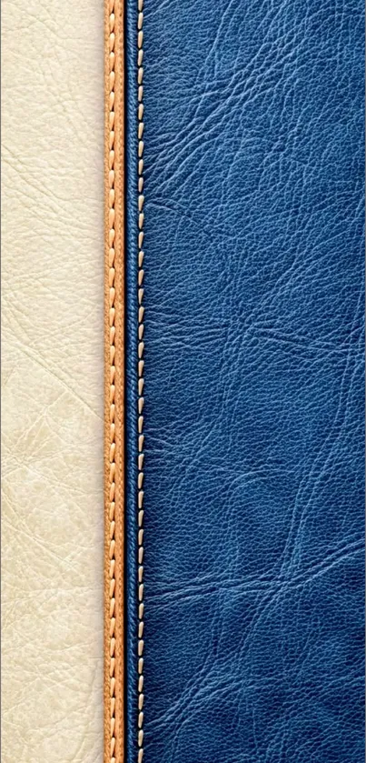 Blue and beige leather texture wallpaper with elegant stitching.