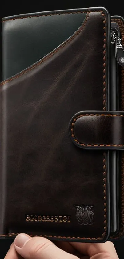 Elegant leather wallet mobile wallpaper with dark brown design.