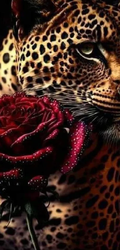 Leopard with red rose in dark artistic design.