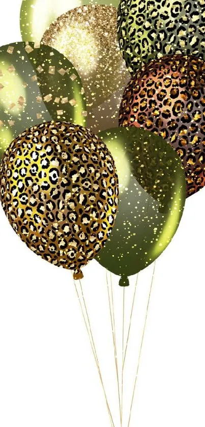 Leopard print balloons with gold and green accents on a white background.