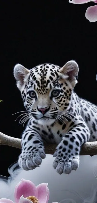 Leopard cub resting on branch with flowers