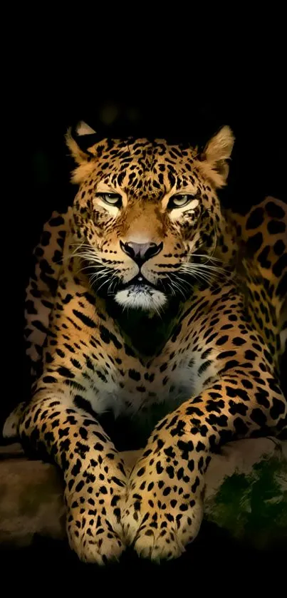 Leopard resting on branch in darkness wallpaper.