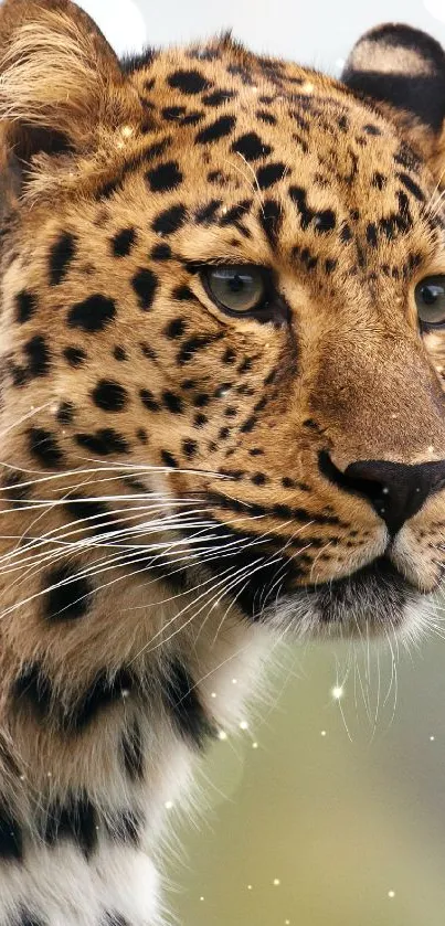Close-up of a leopard gazing into the distance against a natural backdrop.
