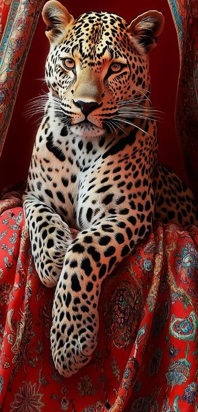 Leopard lounging on red patterned fabric.