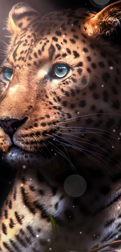 Majestic leopard portrait in dramatic lighting, showcasing elegance.