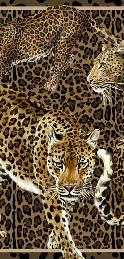 Realistic leopard print with detailed leopards on phone wallpaper.