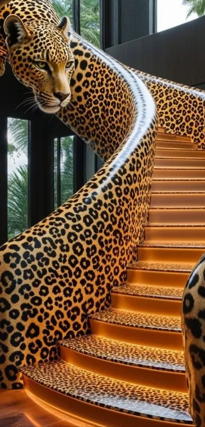 Leopard themed staircase with golden accents.