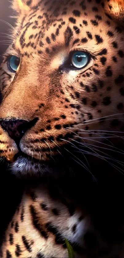 Mobile wallpaper showcasing a majestic leopard with striking blue eyes.